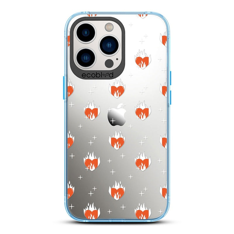 Laguna Collection - Blue Eco-Friendly iPhone 13 Pro Case With A Flaming Red Hearts & Stars Pattern On A Clear Back