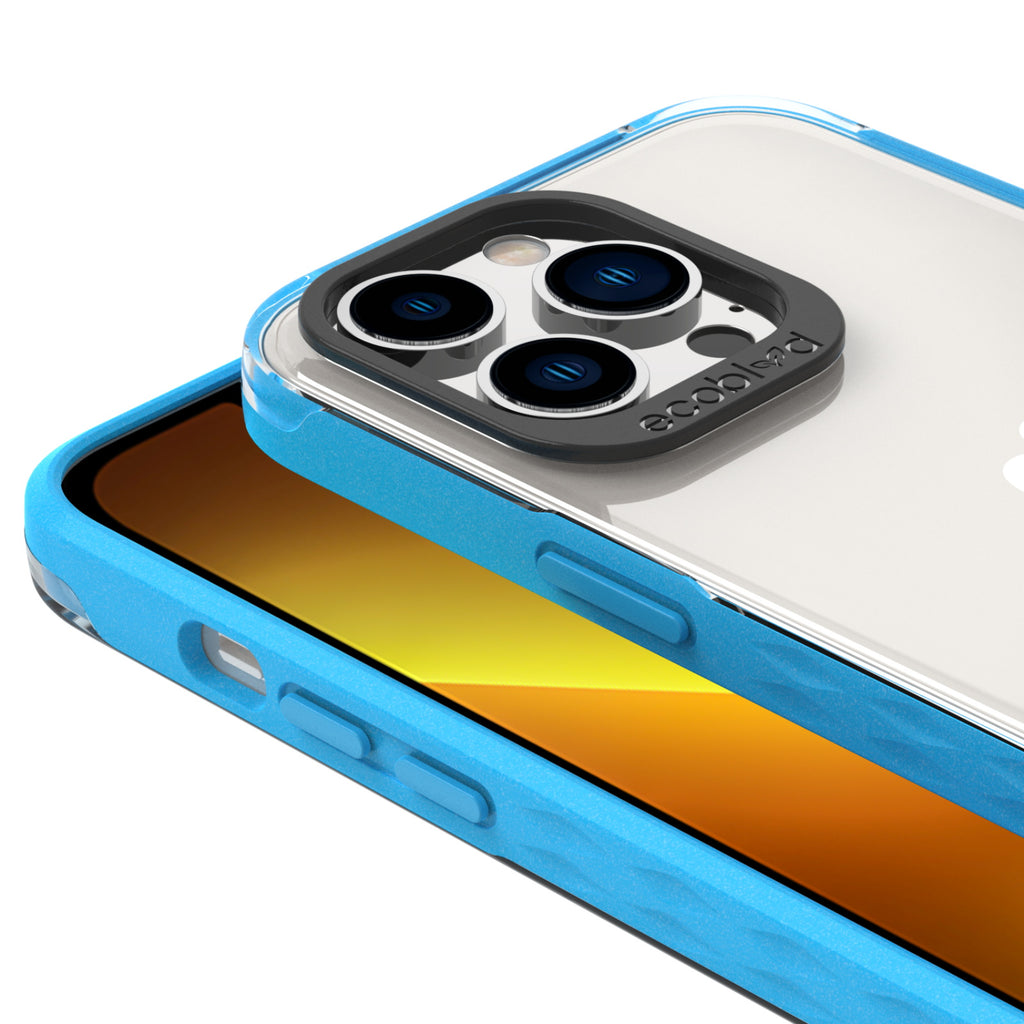 View Of Raised Camera Ring & Raised Edges On Blue iPhone 13 Pro Laguna Case