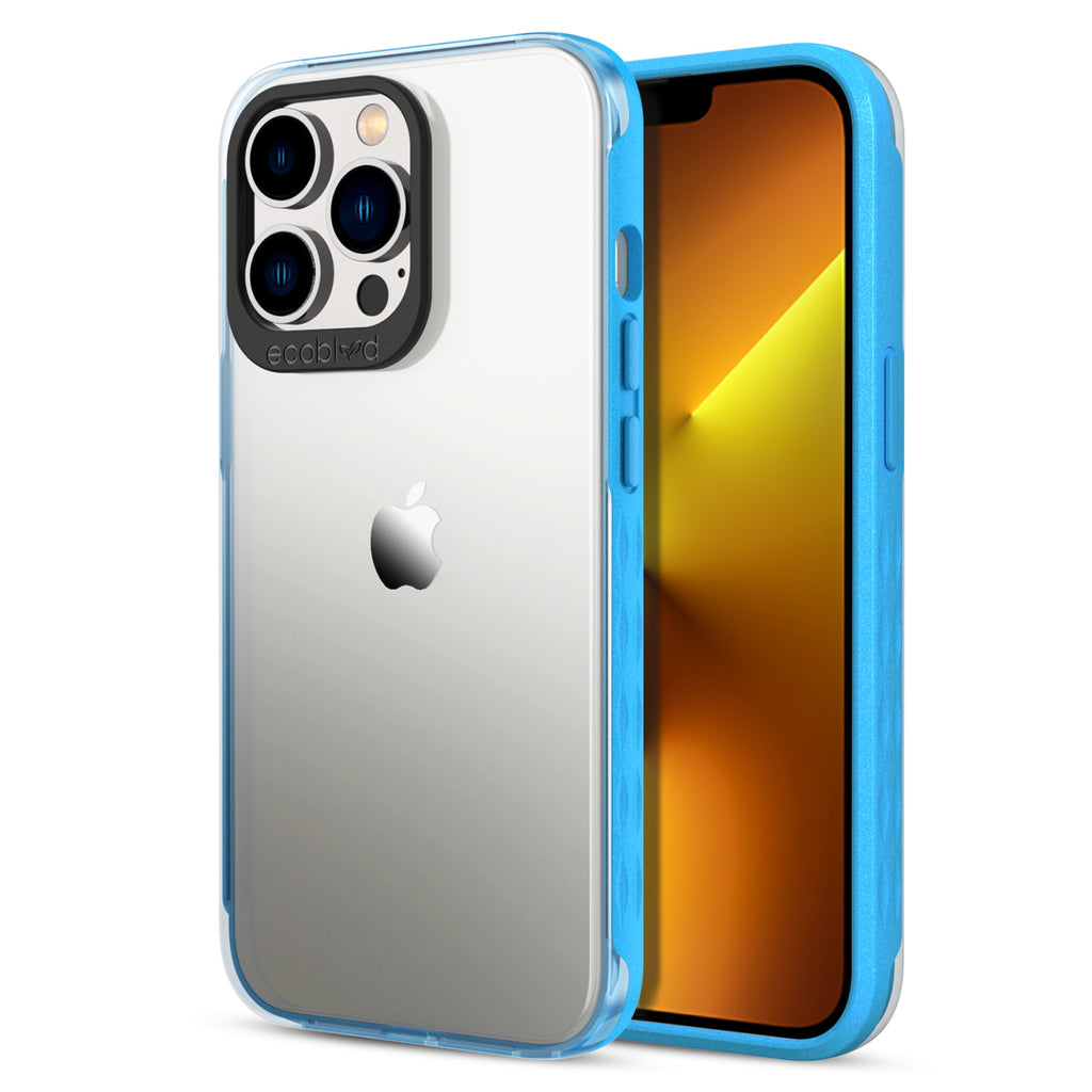 Back View Of Blue iPhone 13 Pro Laguna Case And Frontal View Of Screen