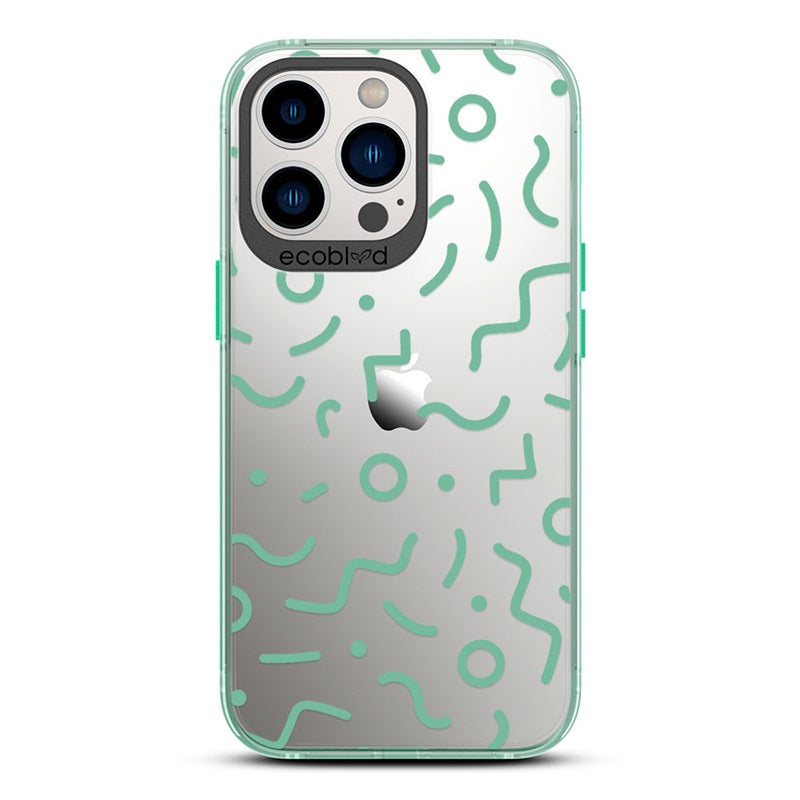 90's Kids - Green Eco-Friendly iPhone 13 Pro Case with Retro 90's Lines & Squiggles On A Clear Back
