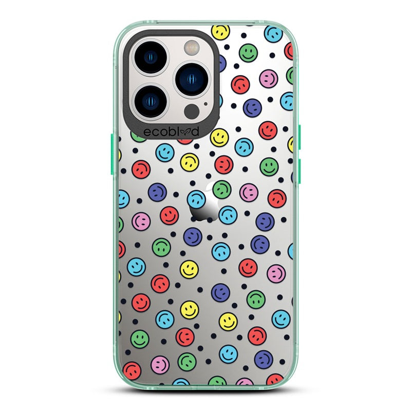 Laguna Collection - Green Eco-Friendly iPhone 13 Pro Case With Multicolored Smiley Faces & Black Dots On A Clear Back 
