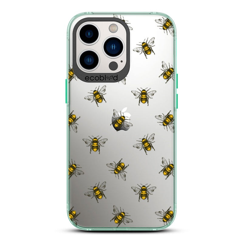 Laguna Collection - Green  Eco-Friendly iPhone 13 Pro Case With A Honey Bees Design On A Clear Back - Compostable