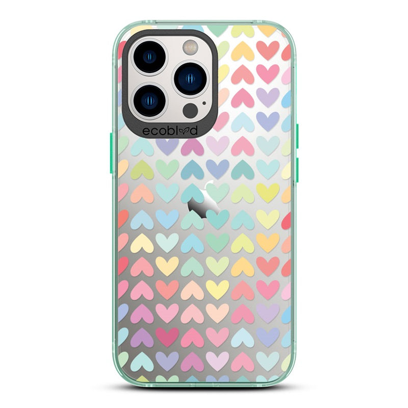 Laguna Collection - Green Eco-Friendly iPhone 13 Pro Case With A Pastel Rainbow Hearts Pattern On A Clear Back - Compostable