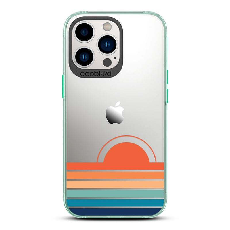 Laguna Collection - Green Eco-Friendly iPhone 13 Pro Case With A Sun Rising From Rainbow Stripes On A Clear Back 
