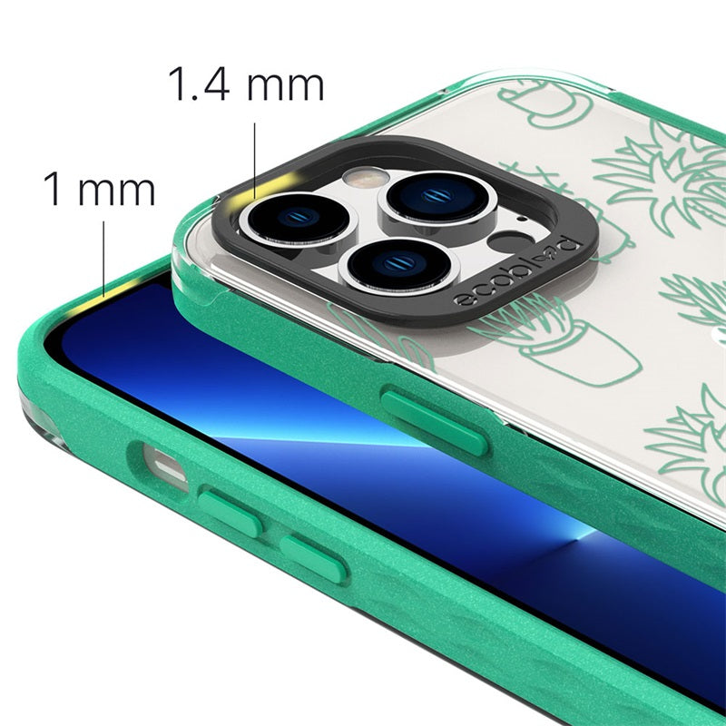 View Of 1.4mm Raised Camera Ring & 1mm Raised Edges On Green iPhone 13 Pro Laguna Case With The Succulent Garden Design  