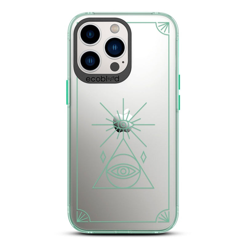 Laguna Collection - Green iPhone 13 Pro Case With An All Seeing Eye Tarot Card On A Clear Back - 6FT Drop Protection