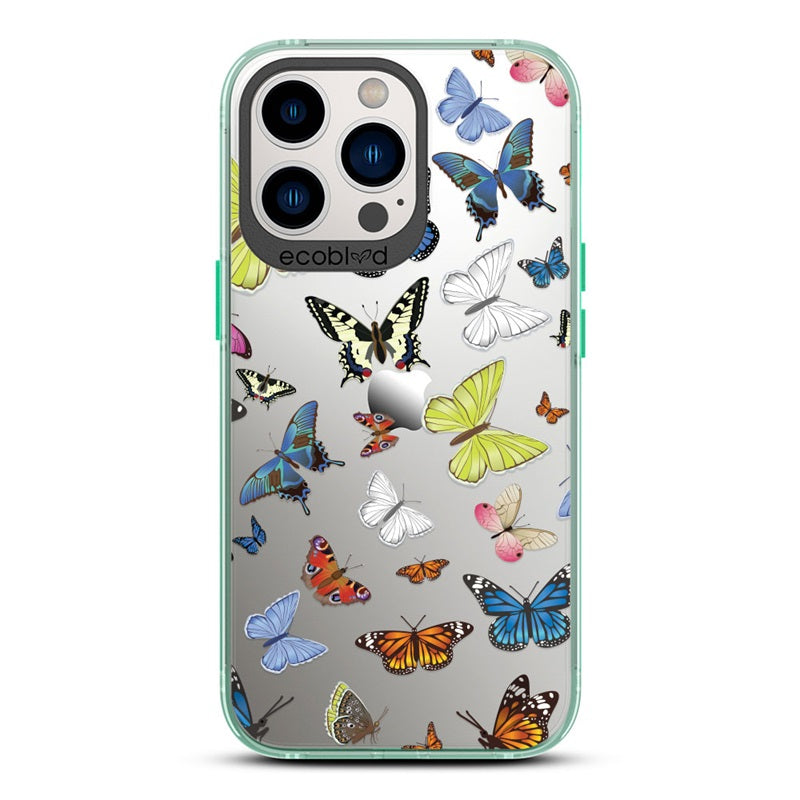 Laguna Collection - Green iPhone 13 Pro Case With Multicolored Butterflies On A Clear Back - 6FT Drop Protection