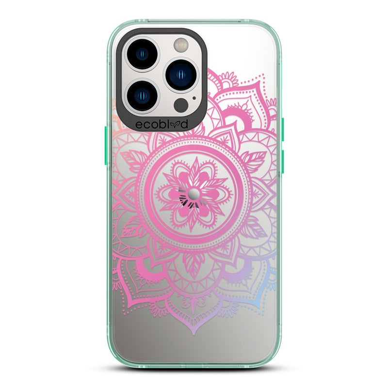 Laguna Collection - Green Compostable iPhone 13 Pro Case With A Pink Lotus Flower Mandala Design On A Clear Back