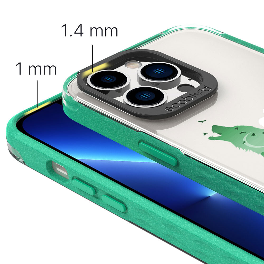 View Of 1.4mm Raised Camera Ring & 1mm Raised Edges On Green iPhone 13 Pro Laguna Case With The Howl At the Moon Design  