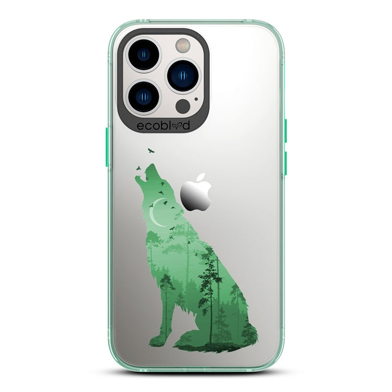 Laguna Collection - Green Eco-Friendly iPhone 13 Pro Case With A Howling Wolf And Moonlit Woodlands Print On A Clear Back