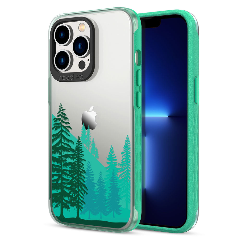 Back View Of Green Compostable iPhone 13 Pro Laguna Case With The Forest Design & Front View Of The Screen