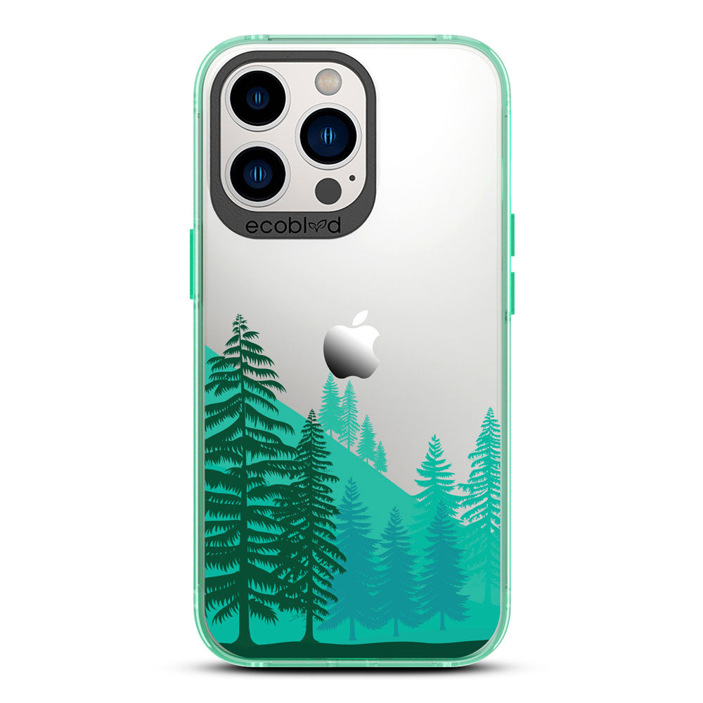Laguna Collection - Green Eco-Friendly iPhone 13 Pro Case With A Minimalist Mountainside Pine Tree Forest On A Clear Back