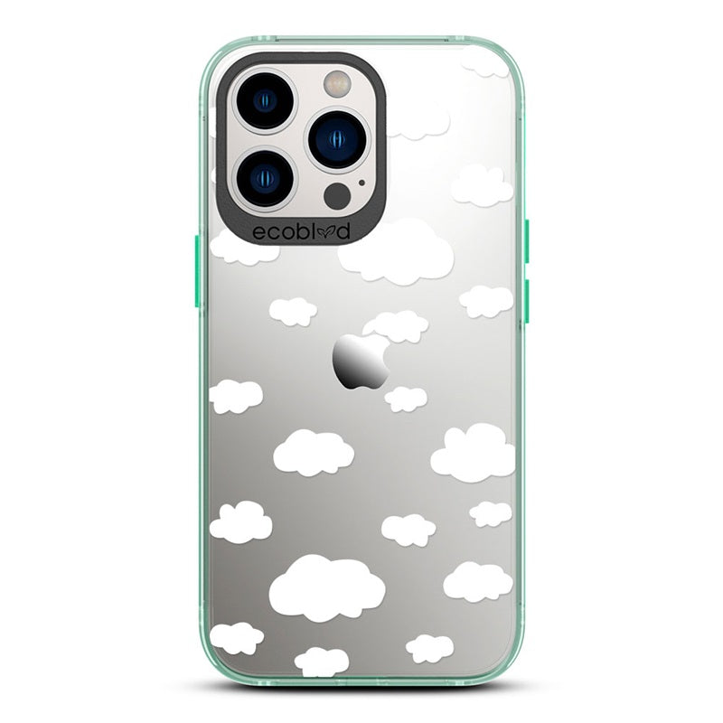 Laguna Collection - Green Eco-Friendly iPhone 13 Pro Case With A Fluffy White Cartoon Clouds Print On A Clear Back