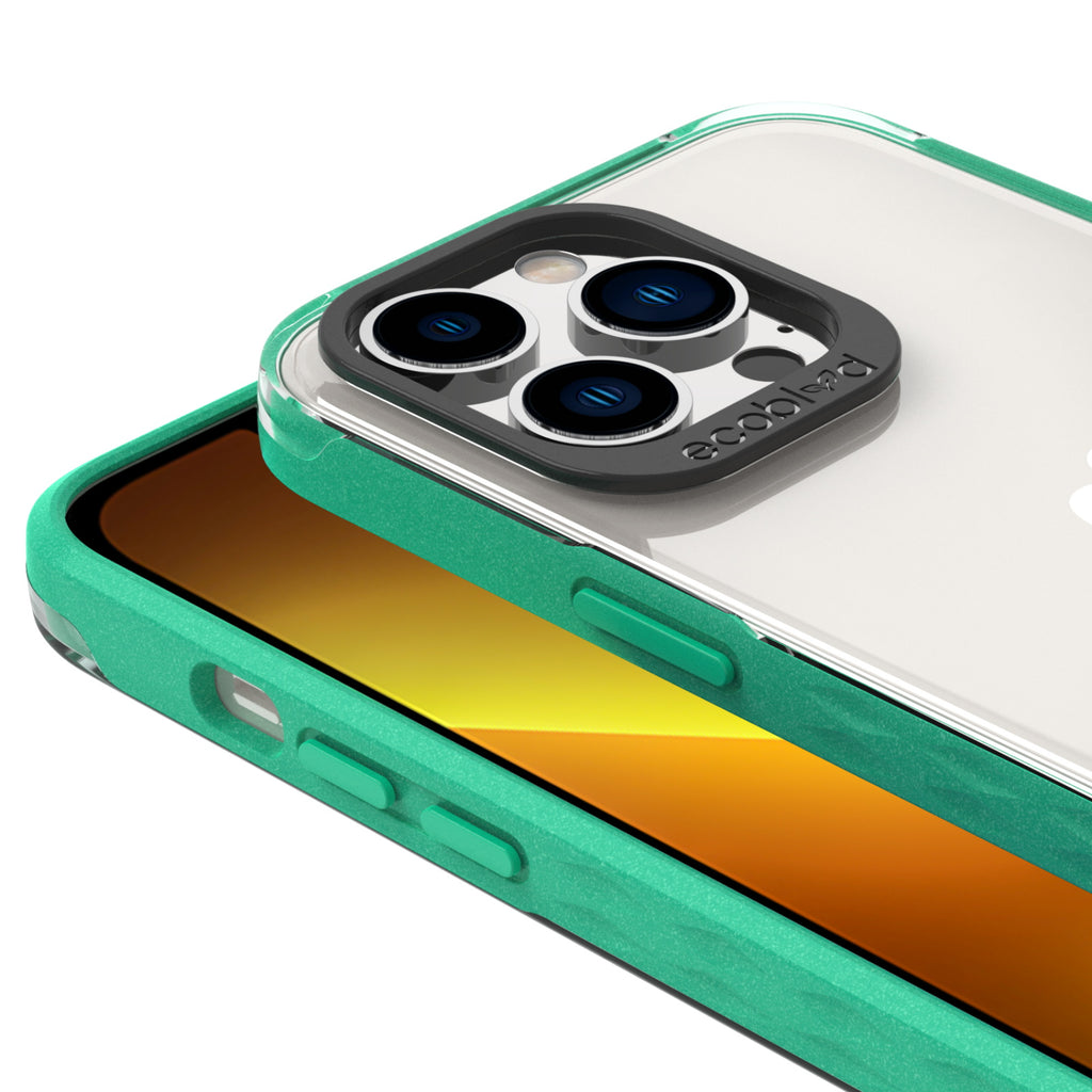 View Of Raised Camera Ring & Raised Edges On Green iPhone 13 Pro Laguna Case