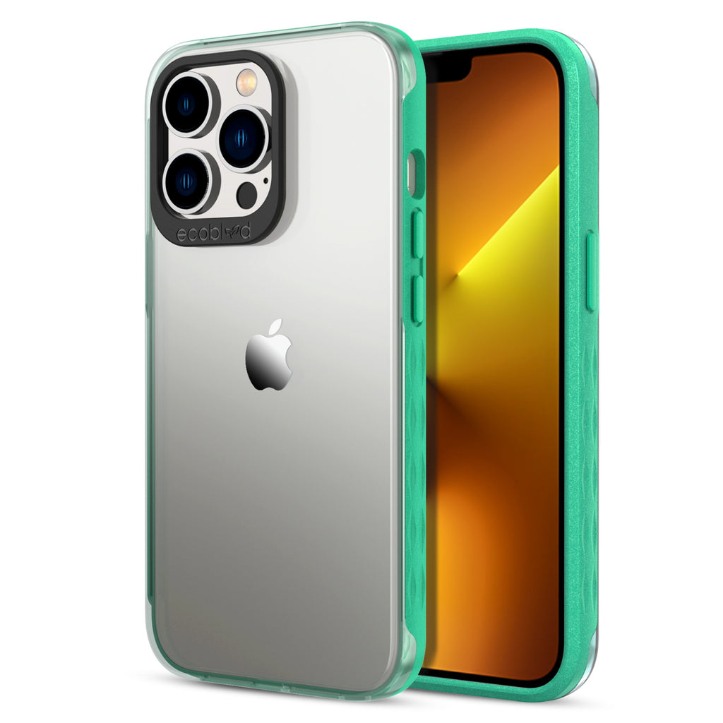 Back View Of Green iPhone 13 Pro Laguna Case And Frontal View Of Screen
