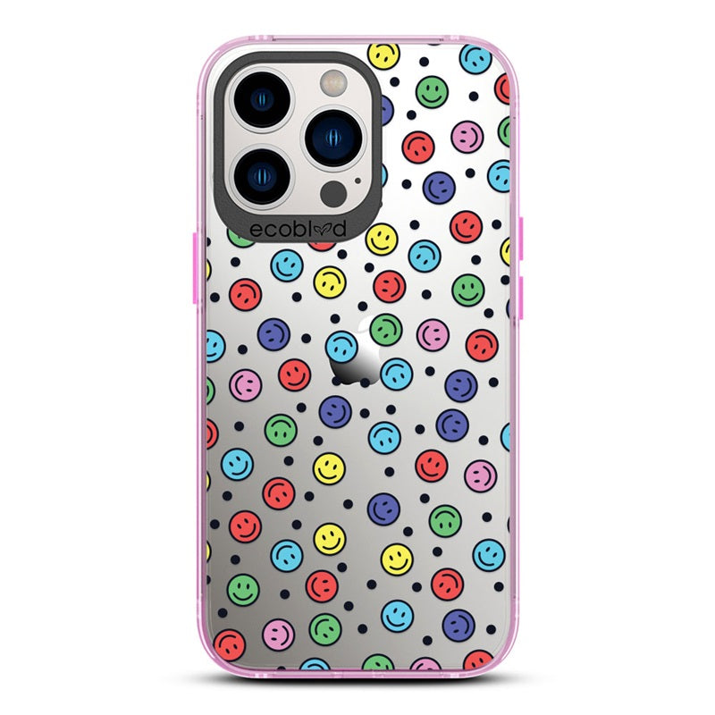 Laguna Collection - Pink Eco-Friendly iPhone 13 Pro Case With Multicolored Smiley Faces & Black Dots On A Clear Back 