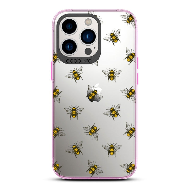Laguna Collection - Pink Eco-Friendly iPhone 13 Pro Case With A Honey Bees Design On A Clear Back - Compostable