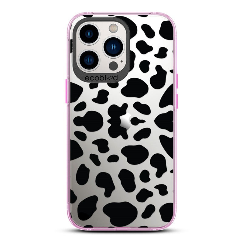 Laguna Collection - Pink Eco-Friendly iPhone 13 Pro Case With Black Spots Cow Print On A Clear Back - Compostable