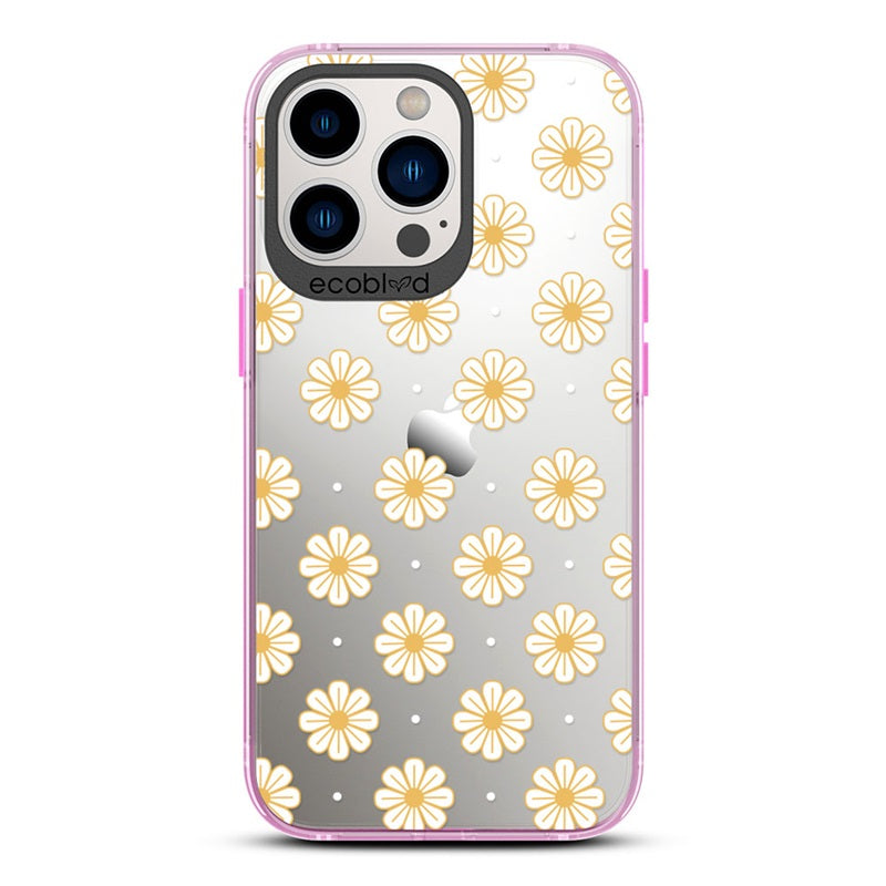 Laguna Collection - Pink Eco-Friendly iPhone 13 Pro Case With White Floral Pattern Daisies & Dots On A Clear Back 