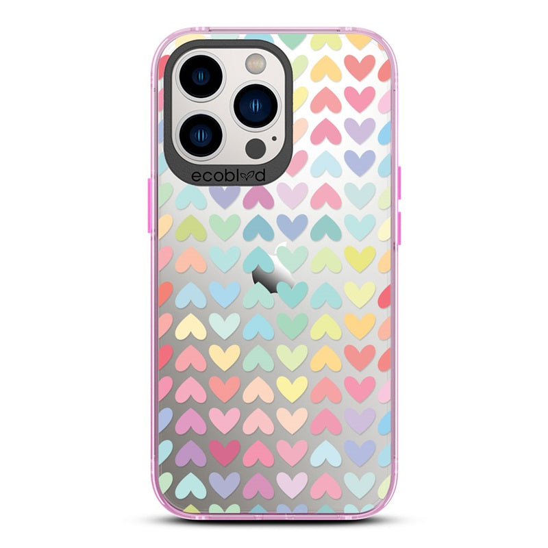 Laguna Collection - Pink Eco-Friendly iPhone 13 Pro Case With A Pastel Rainbow Hearts Pattern On A Clear Back - Compostable