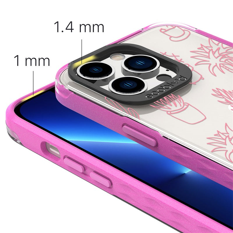 View Of 1.4mm Raised Camera Ring & 1mm Raised Edges On Pink iPhone 13 Pro Laguna Case With The Succulent Garden Design  