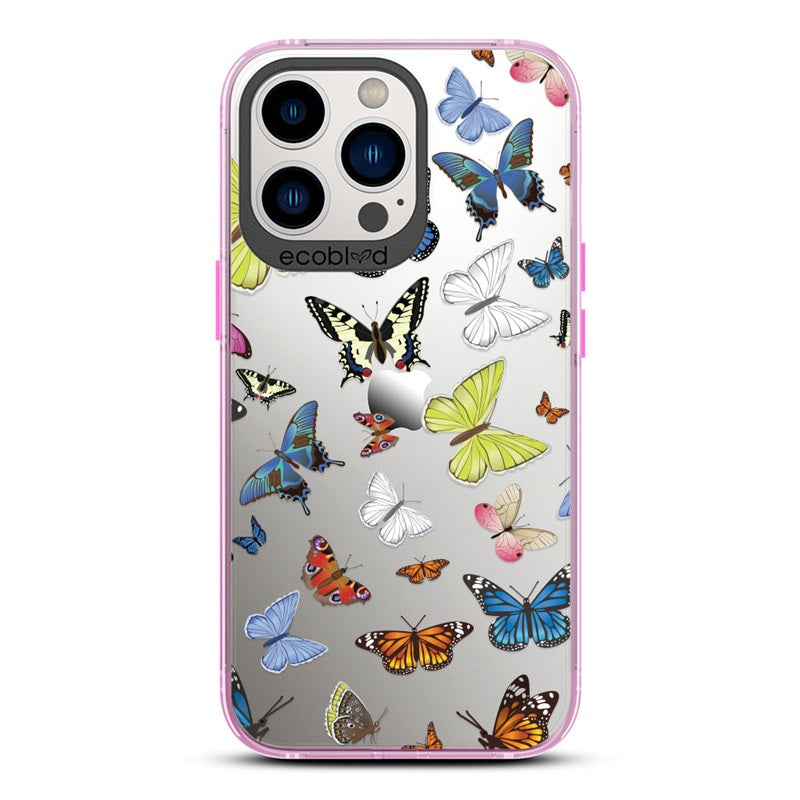 Laguna Collection - Pink iPhone 13 Pro Case With Multicolored Butterflies On A Clear Back - 6FT Drop Protection