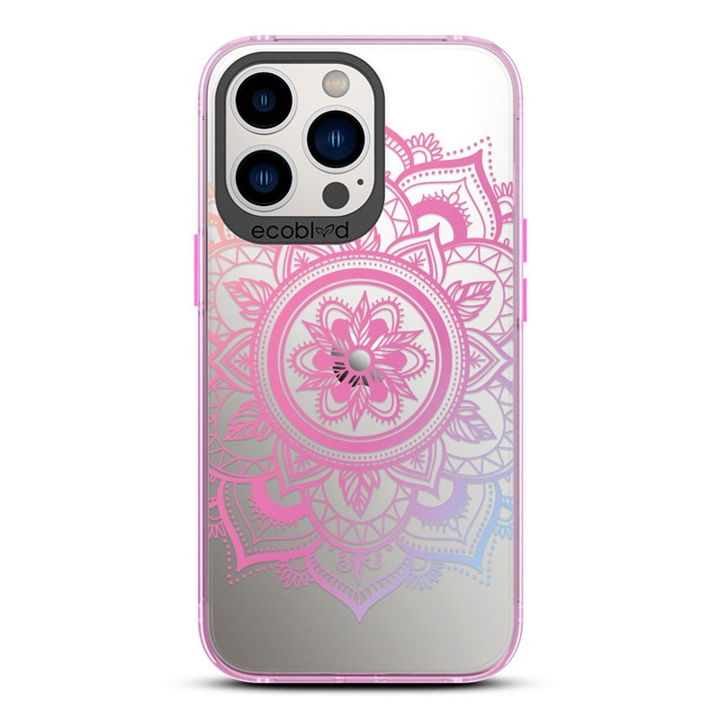 Laguna Collection - Pink Compostable iPhone 13 Pro Case With A Pink Lotus Flower Mandala Design On A Clear Back