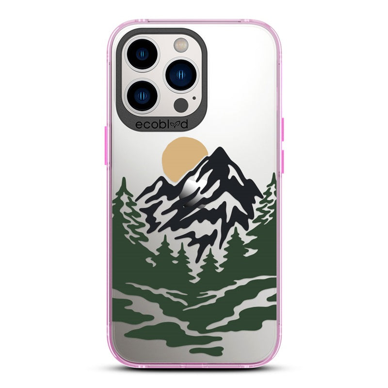 Laguna Collection - Pink Compostable iPhone 13 Pro Case With A Minimalist Moonlit Mountain Landscape On A Clear Back 