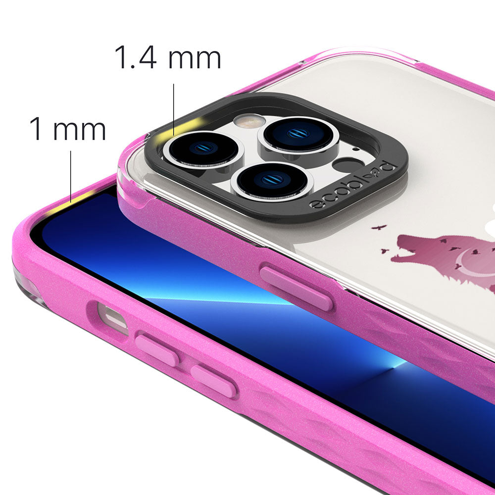 View Of 1.4mm Raised Camera Ring & 1mm Raised Edges On Pink iPhone 13 Pro Laguna Case With The Howl At the Moon Design  
