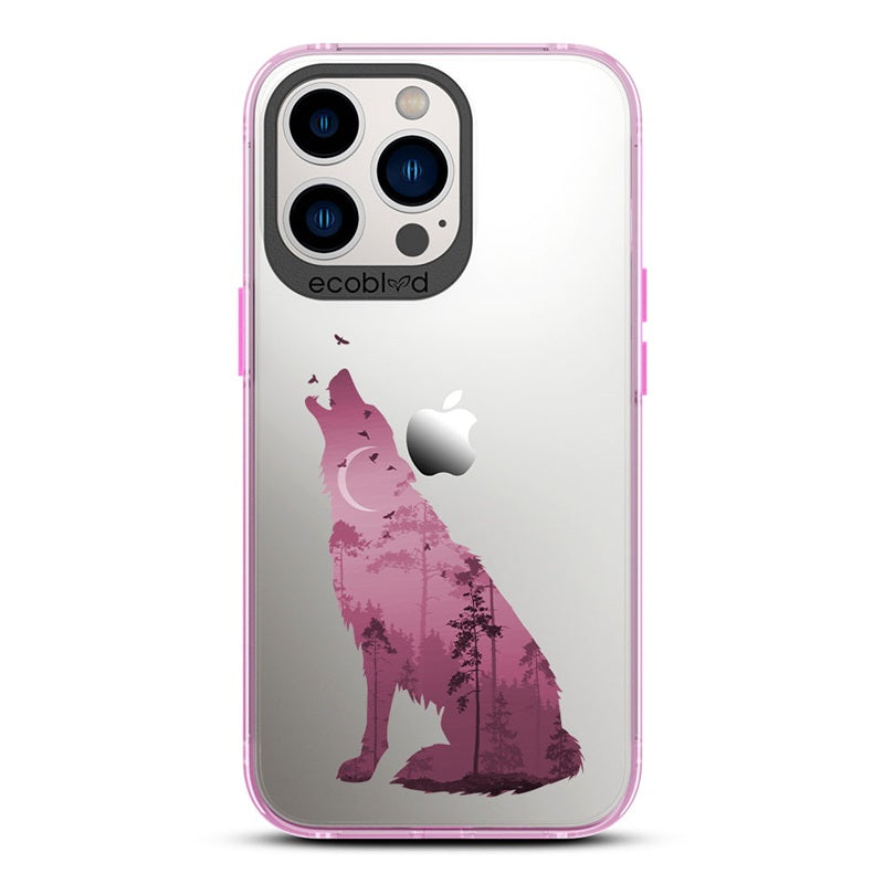Laguna Collection - Pink Eco-Friendly iPhone 13 Pro Case With A Howling Wolf And Moonlit Woodlands Print On A Clear Back