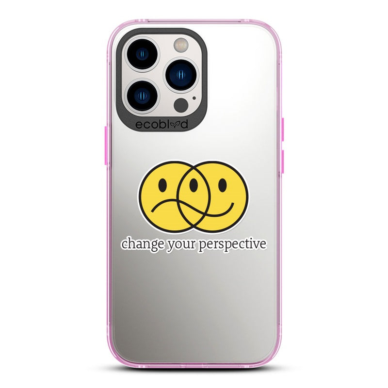 Laguna Collection - Pink Compostable iPhone 13 Pro Case With A Happy/Sad Face & Change Your Perspective On A Clear Back