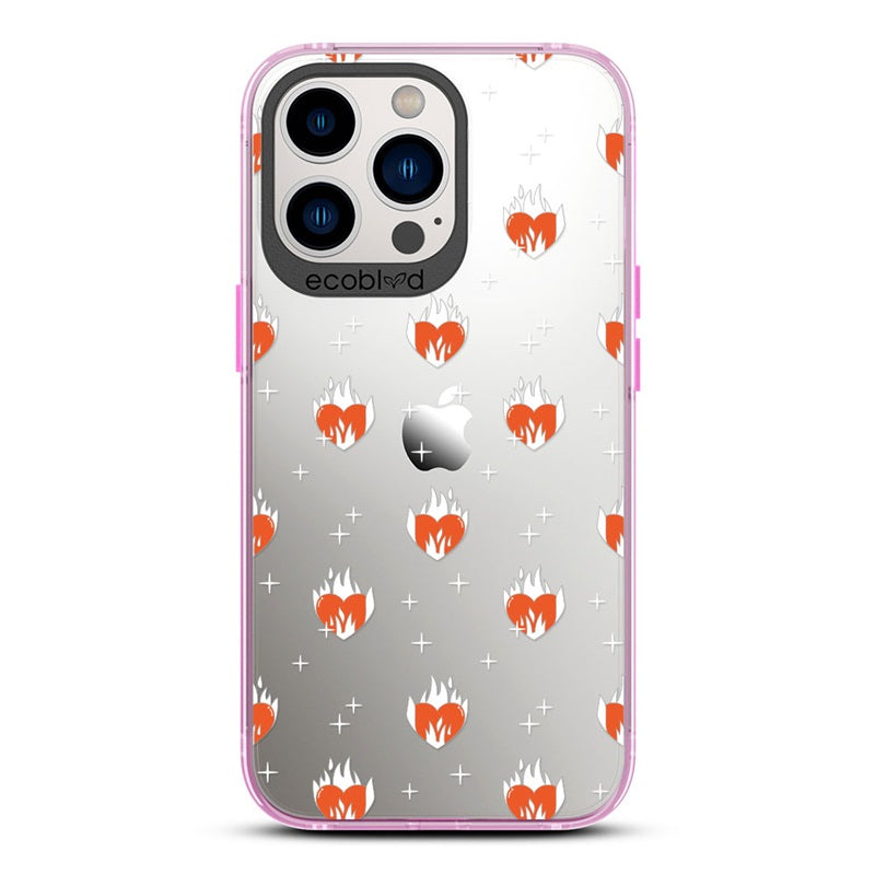 Laguna Collection - Pink Eco-Friendly iPhone 13 Pro Case With A Flaming Red Hearts & Stars Pattern On A Clear Back