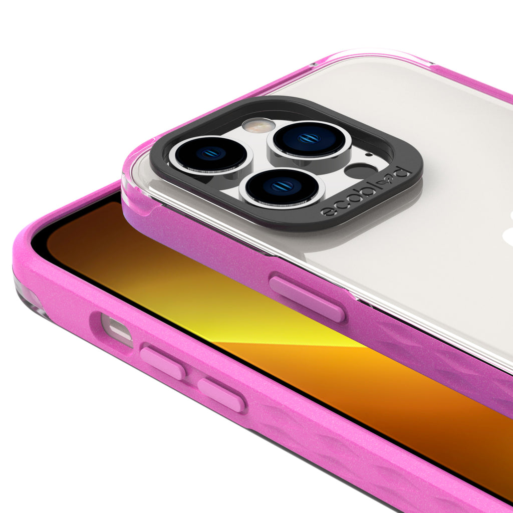 View Of Raised Camera Ring & Raised Edges On Pink iPhone 13 Pro Laguna Case