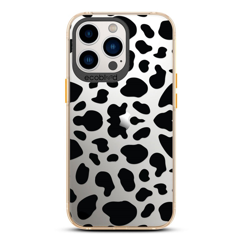 Laguna Collection - Yellow Eco-Friendly iPhone 13 Pro Case With Black Spots Cow Print On A Clear Back - Compostable