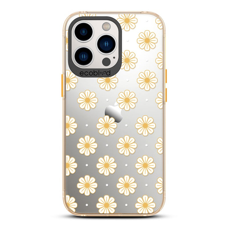 Laguna Collection - Yellow Eco-Friendly iPhone 13 Pro Case With White Floral Pattern Daisies & Dots On A Clear Back 