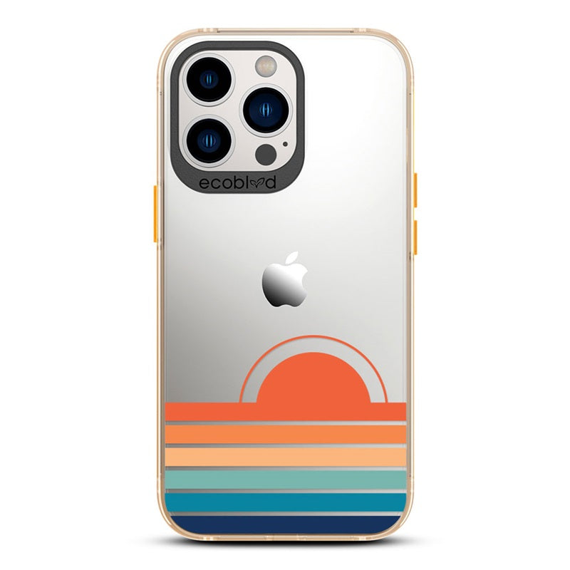 Laguna Collection - Yellow Eco-Friendly iPhone 13 Pro Case With A Sun Rising From Rainbow Stripes On A Clear Back 