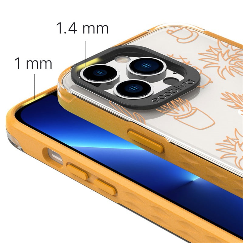 View Of 1.4mm Raised Camera Ring & 1mm Raised Edges On Yellow iPhone 13 Pro Laguna Case With The Succulent Garden Design  