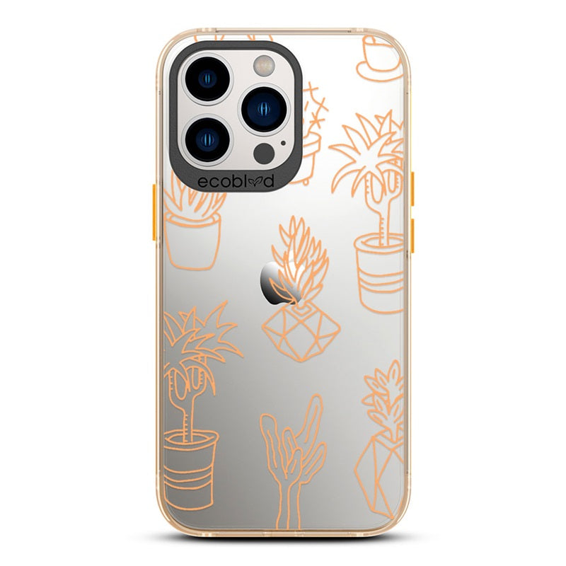 Laguna Collection - Yellow iPhone 13 Pro Case With Line Art Succulent Garden Print On A Clear Back - 6FT Drop Protection