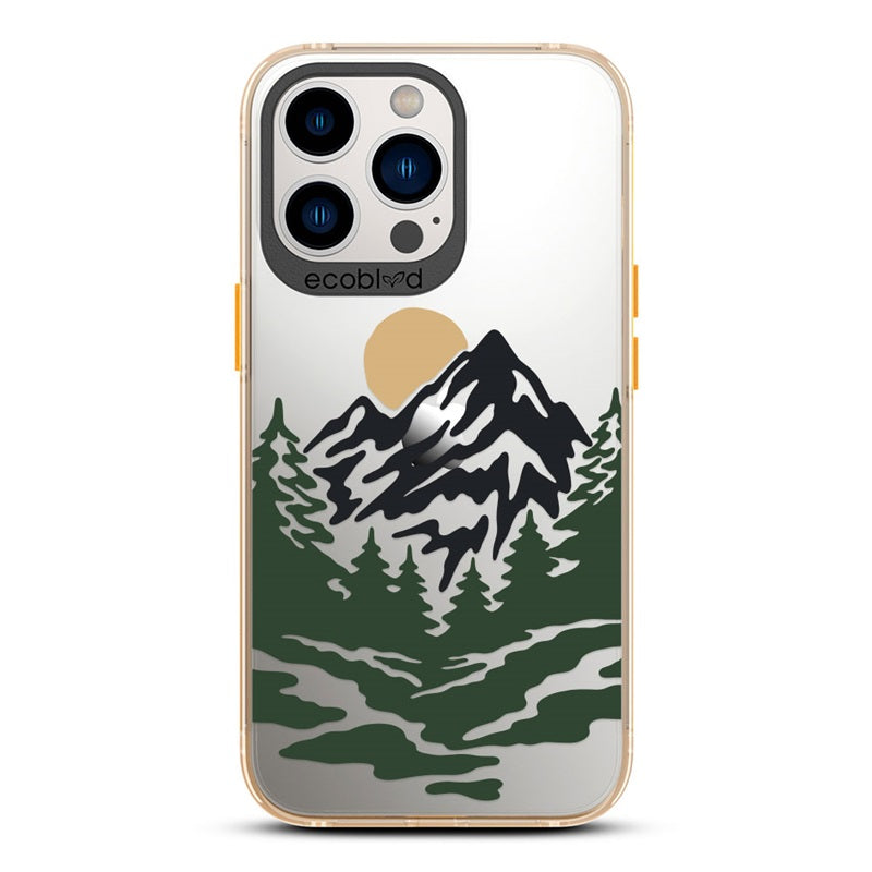 Laguna Collection - Yellow Compostable iPhone 13 Pro Case With A Minimalist Moonlit Mountain Landscape On A Clear Back 