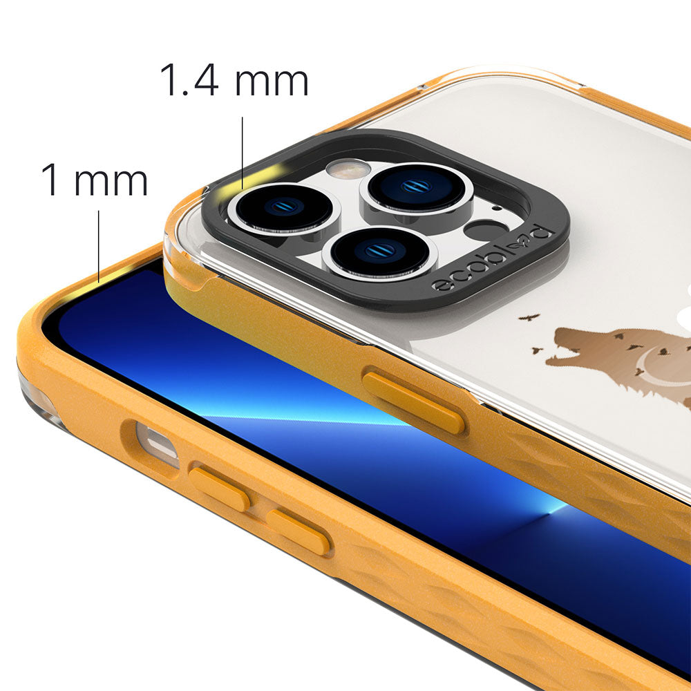 View Of 1.4mm Raised Camera Ring & 1mm Raised Edges On Yellow iPhone 13 Pro Laguna Case With The Howl At the Moon Design  