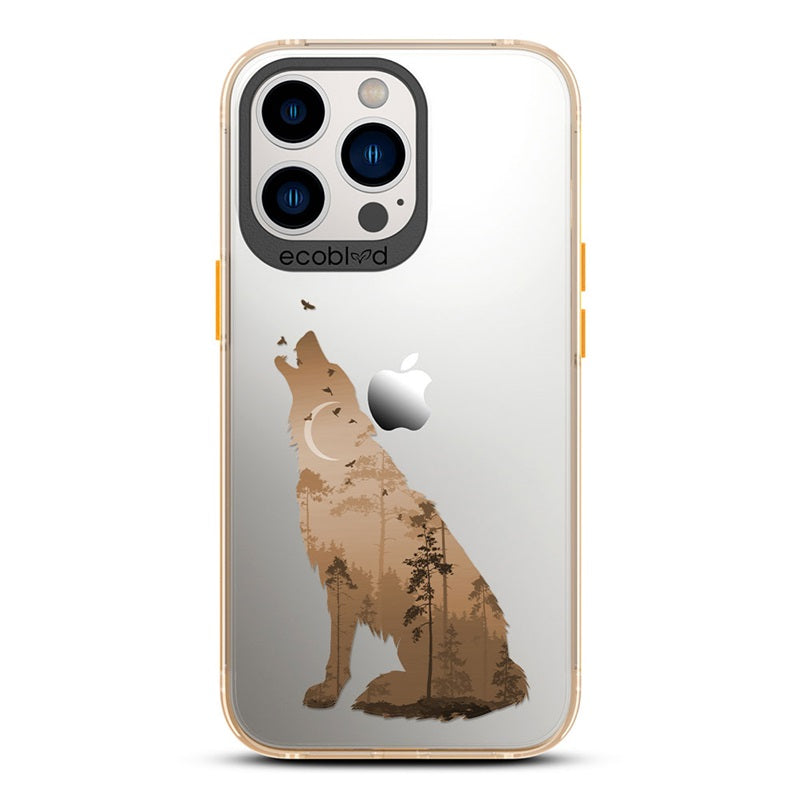 Laguna Collection - Yellow Eco-Friendly iPhone 13 Pro Case With A Howling Wolf And Moonlit Woodlands Print On A Clear Back