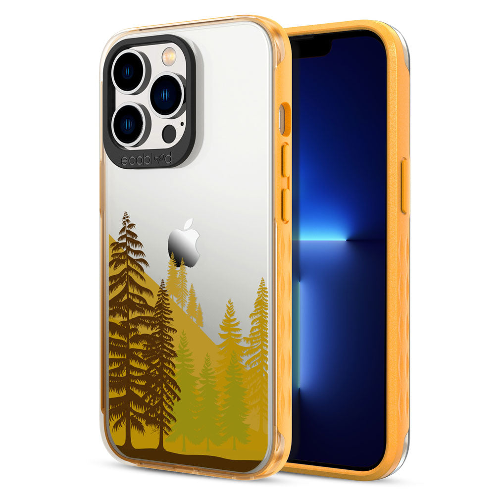 Back View Of Yellow Compostable iPhone 13 Pro Laguna Case With The Forest Design & Front View Of The Screen