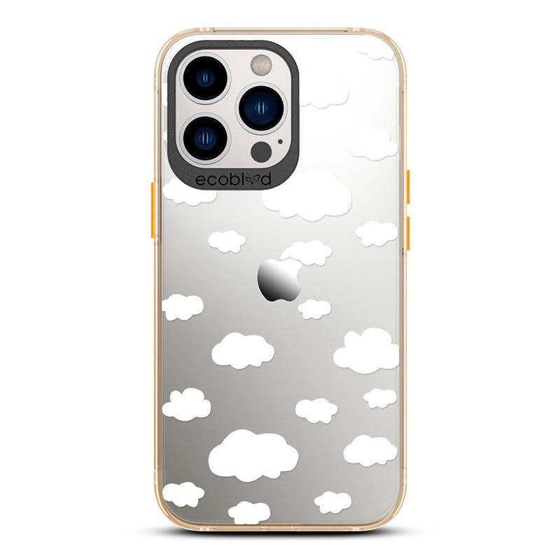 Laguna Collection - Yellow Eco-Friendly iPhone 13 Pro Case With A Fluffy White Cartoon Clouds Print On A Clear Back