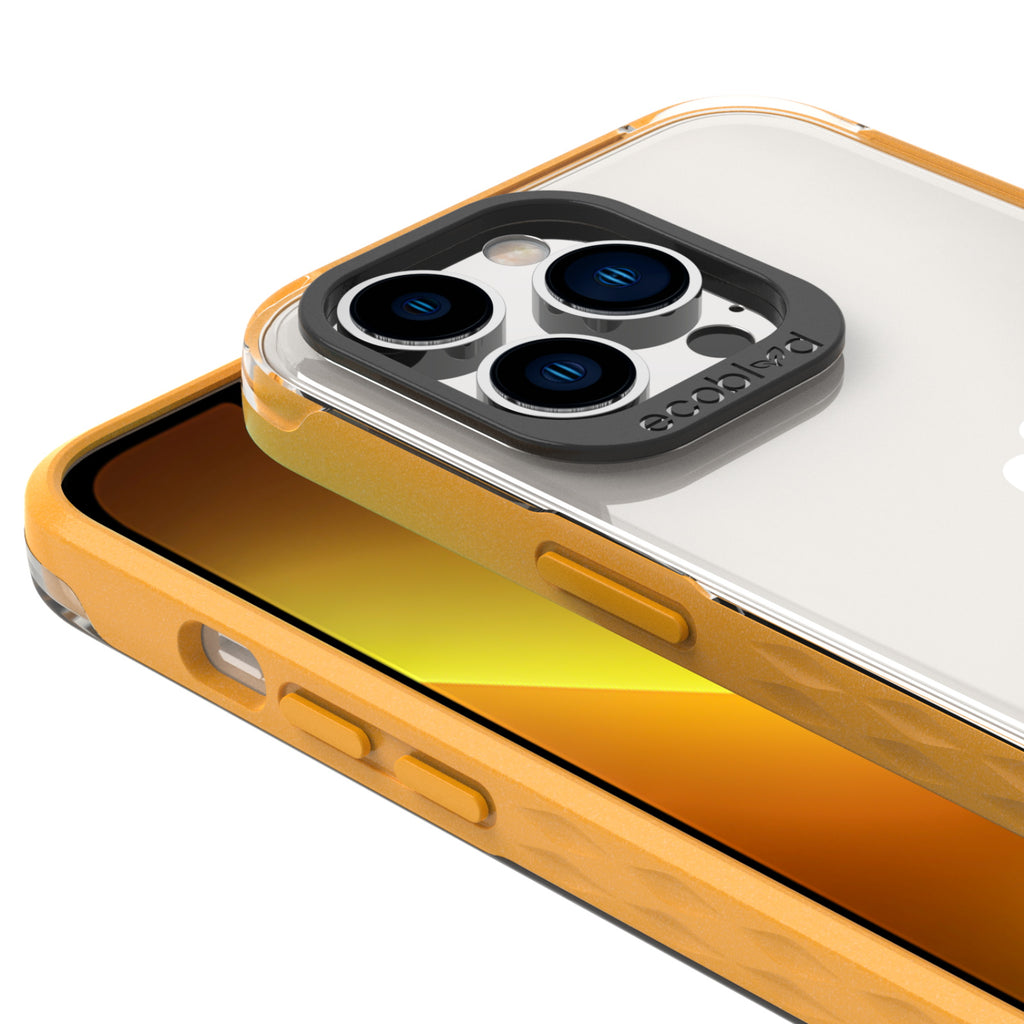  View Of Raised Camera Ring & Raised Edges On Yellow iPhone 13 Pro Laguna Case