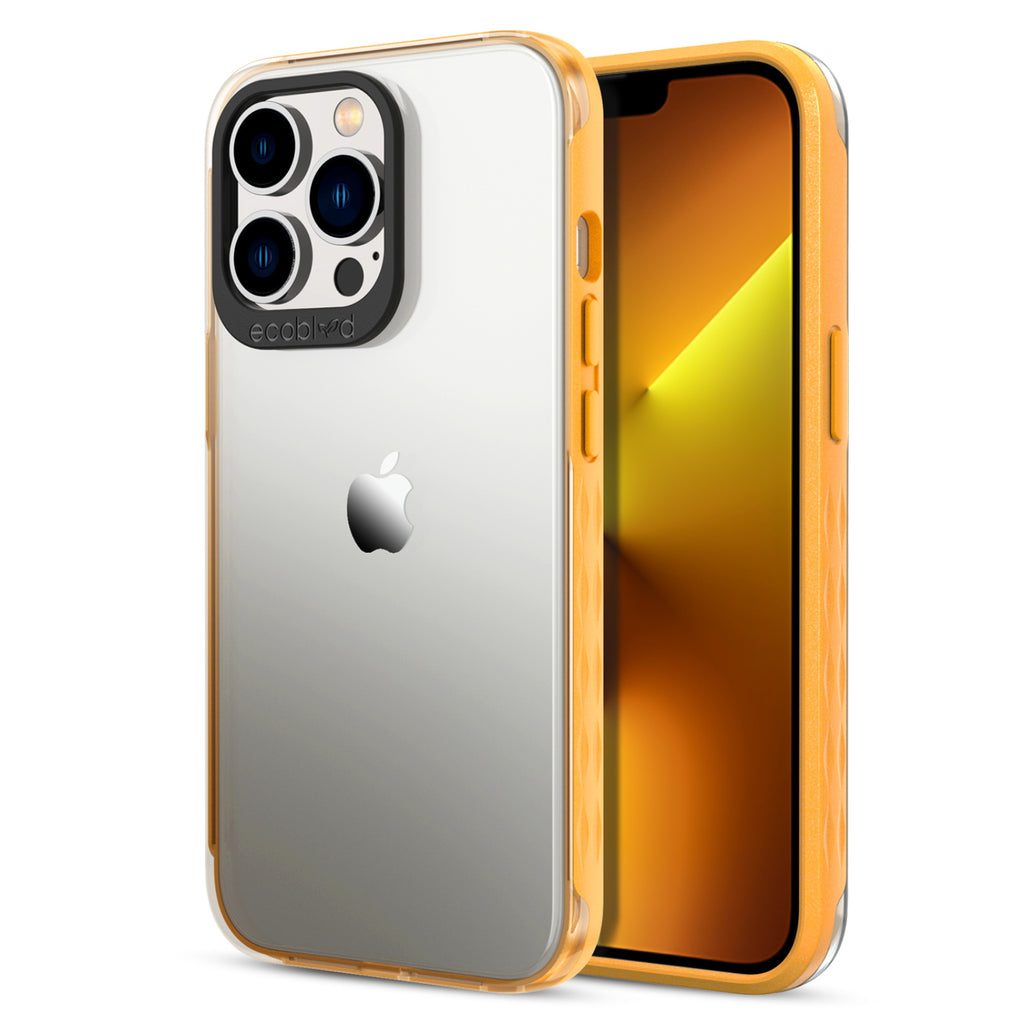 Back View Of Yellow iPhone 13 Pro Laguna Case And Frontal View Of Screen