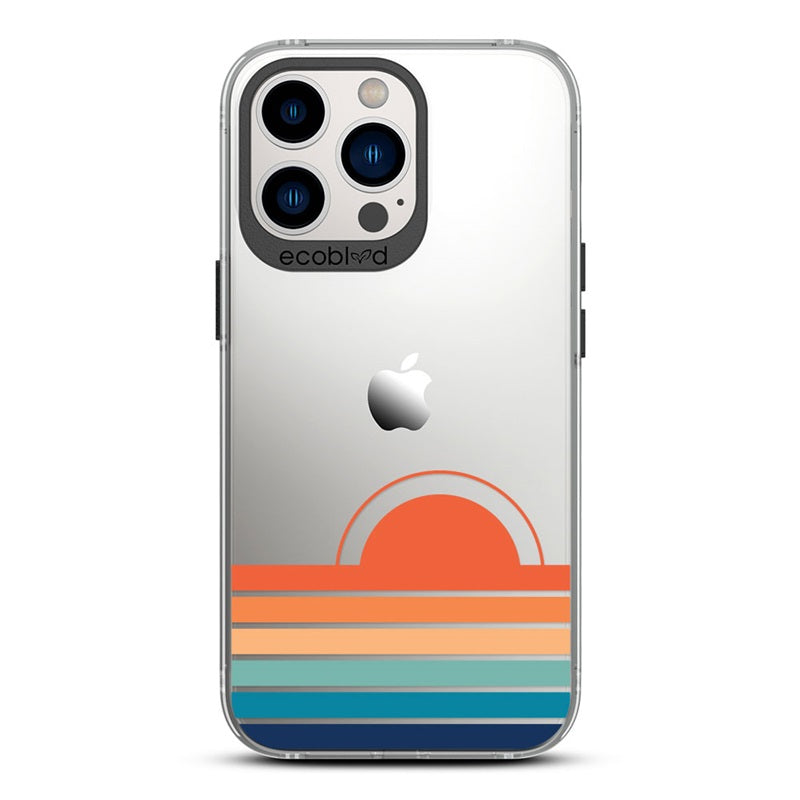 Laguna Collection - Black iPhone 13 Pro Max / 12 Pro Max Case With The Sun Rising From Rainbow Stripes On A Clear Back