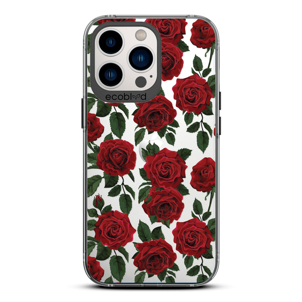 Love Collection - Black Compostable iPhone 13 Pro Case - Red Roses & Leaves On A Clear Back