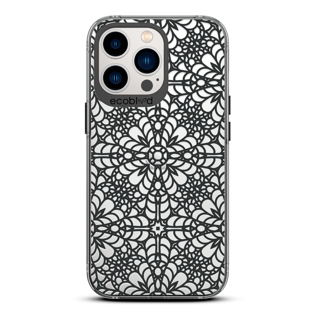 Spring Collection - Black Compostable iPhone 12/13 Pro Max Case - Intricate Lace Tapestry Pattern On A Clear Back