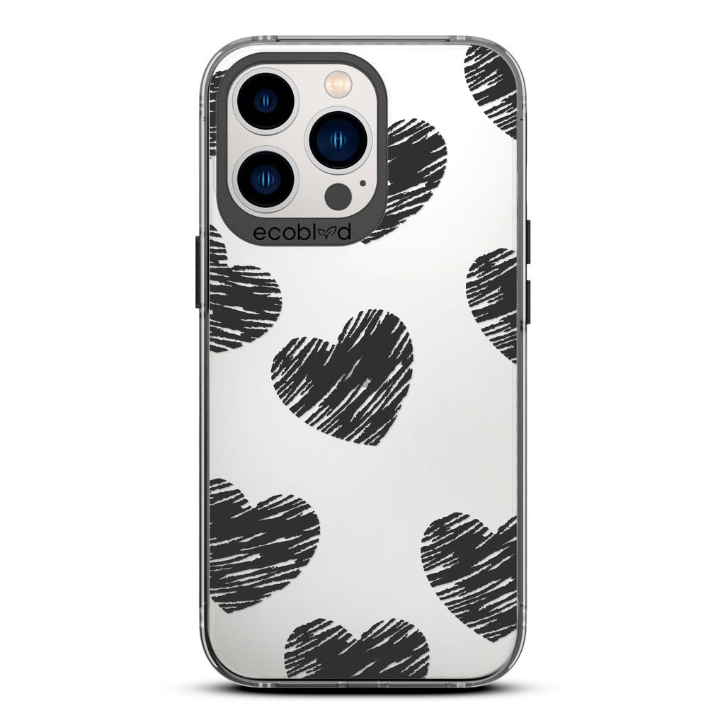 Love Collection - Black Compostable iPhone 12/13 Pro Max Case - Black Scribbled Hearts On A Clear Back
