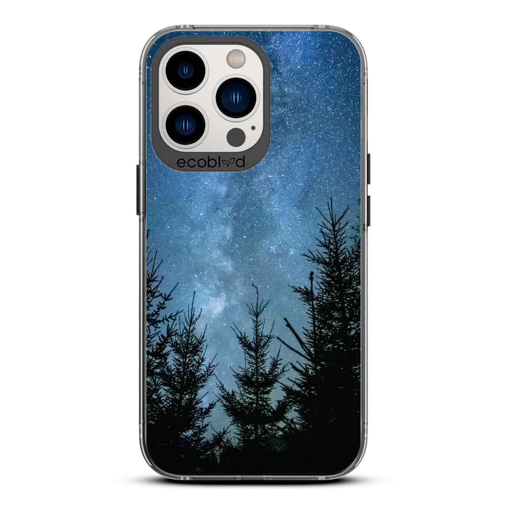 Winter Collection - Black Compostable iPhone 13 Pro Case - Star-Filled Night Sky In The Woods On A Clear Back